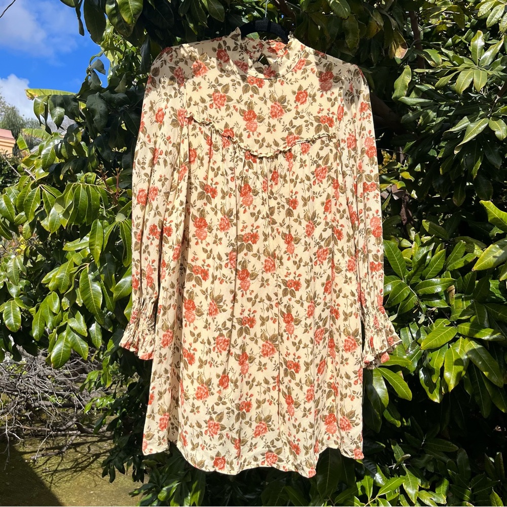 Reformation eggshell custard nude yellow floral ruffle long sleeve mini dress